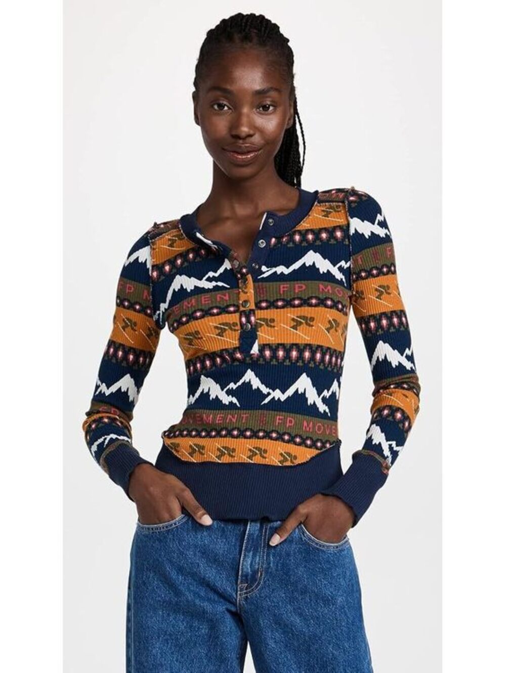 FP Movement Rally Rib Henley Long Sleeve Top XL Ski Mountain Print